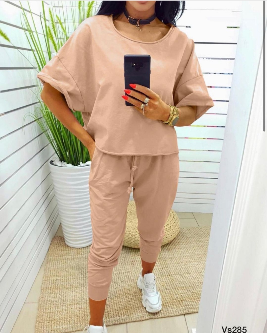 Cotton short sleeved tracksuit in beige,purple,mint green,one size,4508